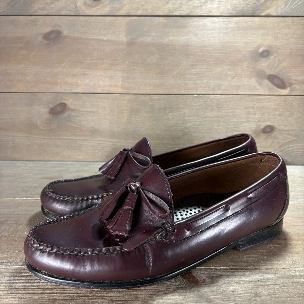 ll bean mens size 9 wide EE shoes burgundy leather tassel slip on comfort loafer